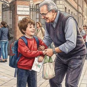 nonno e bambino all'uscita da scuola