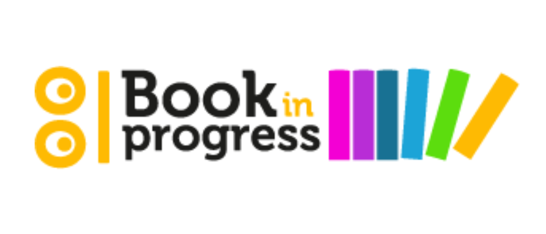 Logo di Book in Progress, in cui libri stilizzati di vari colori sembrano cadere da una mensola a partire da quello di destra